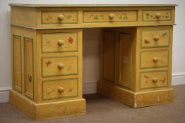 Painted pine twin pedestal desk with nine drawers, decorated with rural studies, plinth base,
