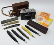 Zeiss Ikon folding camera, collection of cut throat razors incl.