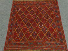 Gazak red and blue ground rug, geometric pattern field,