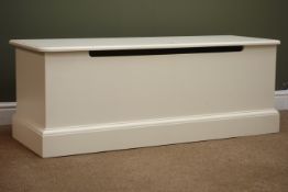 Cream painted blanket box, moulded hinged top, plinth base, W127cm, H47cm,