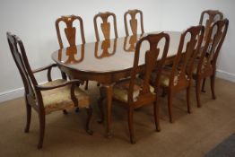 Oval walnut extending dining table on cabriole legs with one leaf, L125cm,
