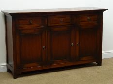 Mahogany stained side cabinet, three drawers above three cupboard doors, W150cm, H90cm,