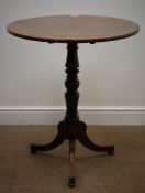 19th century mahogany circular tripod table, single turned column, shaped supports, D66cm,