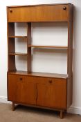 Mid 20th century teak bookcase cabinet room divider, two sliding cupboard doors above,