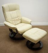 Cream leather swivel chair and matching footstool,