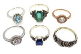 Silver marcasite and stone set ring and five other silver stone set rings,