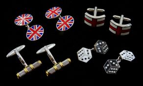 Pair of silver and enamel Union Jack cufflinks, pair of silver and enamel dice cufflinks,