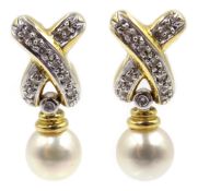 Pair of 18ct gold diamond and pearl cross over pendant ear-rings,