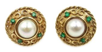 Pair of 9ct gold shield shaped, pearl and emerald earrings,