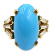 18ct gold (tested) oval turquoise and diamond ring,