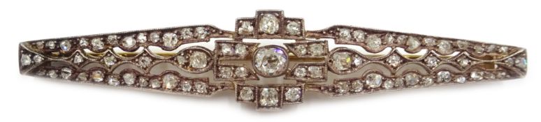 Art Deco gold and silver old cut diamond bar brooch Condition Report Length = 7.