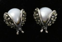 Pair of silver pearl and marcasite ladybird stud earrings,