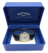 Rotary 9ct gold quartz wristwatch, with date aperture, on original brown leather strap,
