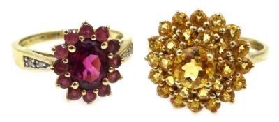 Gold pink tourmaline cluster ring, diamond set shoulders and citrine cluster ring,