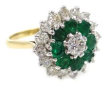 Diamond and emerald gold cluster ring, stamped 18ct, diamonds approx 1.
