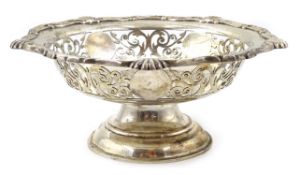 Silver comport scrolled fretwork decoration with molded shell border by Charles Horner Birmingham