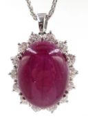 18ct white gold star ruby and diamond cluster pendant, hallmarked on 18ct white gold chain,
