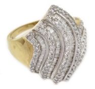 Round and baguette diamond swirl cluster ring,