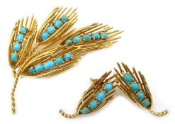 French turquoise set 18ct gold spray brooch, with matching clip on earrings,