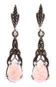 Pair of opal and marcasite pendant earrings,