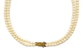 Double strand graduating pearl necklace with 9ct gold clasp,