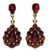 Pair of 9ct gold garnet cluster pendant earrings,