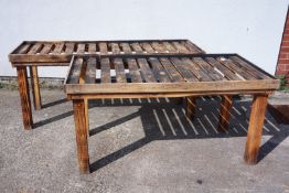 Two wooden slatted garden potting tables, L187cm & 156cm,