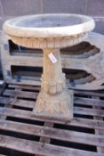 Composite stone bird bath, circular moulded top on tapering support with square base, H79cm,