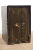 Victorian cast iron safe, single door enclosing two small drawers, painted green finish,