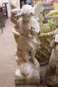 White marble model of a winged infant standing with flower bunches, H80cm, W34cm,