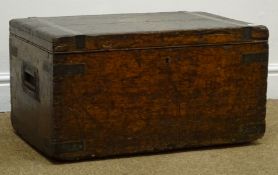 19th century oak metal bound trunk, hinged lid, castor supports, W60cm, H33cm,