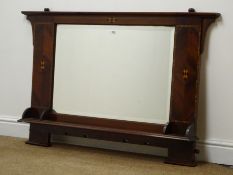 Early 20th century inlaid mahogany bevel edge mirror, projecting cornice, moulded shelf, W123cm,