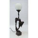 Art Deco style bronzed table lamp of a dancer, with globular frosted glass shade on hexagonal base,