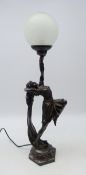 Art Deco style bronzed table lamp of a dancer, with globular frosted glass shade on hexagonal base,