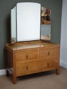 Vintage oak dressing table, raised shaped bevel edge mirror back, two short and two long drawers,