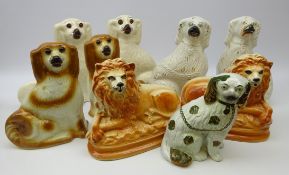 Pair Staffordshire Lions, three pairs of Staffordshire Spaniels and one other,