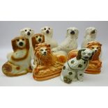 Pair Staffordshire Lions, three pairs of Staffordshire Spaniels and one other,