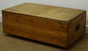 Mid 20th century boarded pine box, hinged lid, two side handles, W101cm, H38cm,