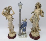 Lladro figure Lamplighter and two Florence Giuseppe Armani Nouveau style female figures on circular