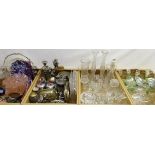Large quantity of glassware including vintage drinking glasses, cake stands, vases,