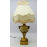 Classical style gilded baluster table lamp with cherub masks on moulded square base with fringed
