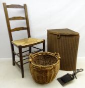 Lloyd Loom corner laundry basket, twin handled wicker log basket, D37cm x H32cm,