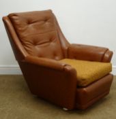 Mid 20th century retro upholstered armchair, chrome finish supports,
