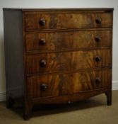 Victorian figured mahogany chest, four long drawers, turned handles, shaped bracket supports,