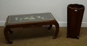 Chinese hardwood coffee table, glass top, shaped supports (W103cm, H42cm, D47cm) and a mahogany,