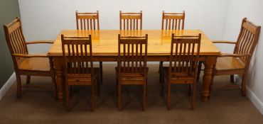 Large Oregon pine rectangular farmhouse style dining table, moulded top,