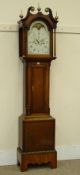 19th century inlaid oak longcase clock, broken arch pediment with brass finials,