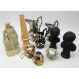 Marble obelisk, H31cm, set of three Victorian graduated silver lustre jugs, two black plaster busts,
