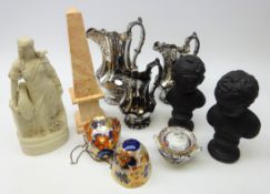 Marble obelisk, H31cm, set of three Victorian graduated silver lustre jugs, two black plaster busts,