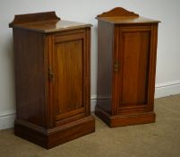 Two Edwardian walnut bedside chests, raised shaped back, single hinged door, plinth base, W42cm,